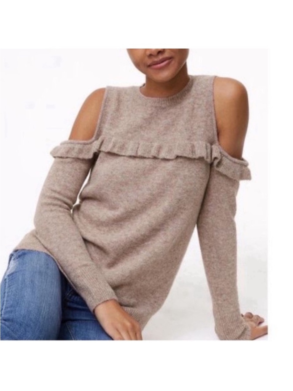 LOFT Ruffle Cold Shoulder Sweater in Natural Taupe Sz S Crew